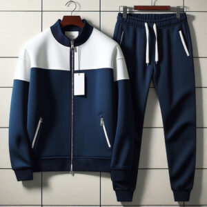 Men's navy and white co-ord set with a full-zip jacket and sweatpants.